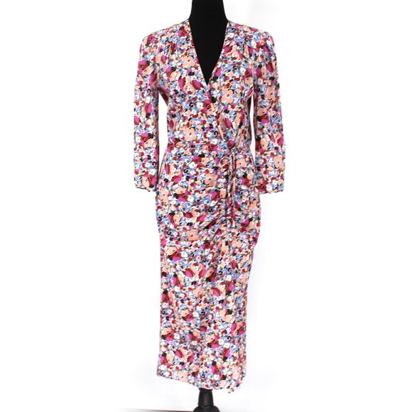 Veronica Beard Mariposa Silk Midi Dress 2 Ruched Multicolor Floral Print XS